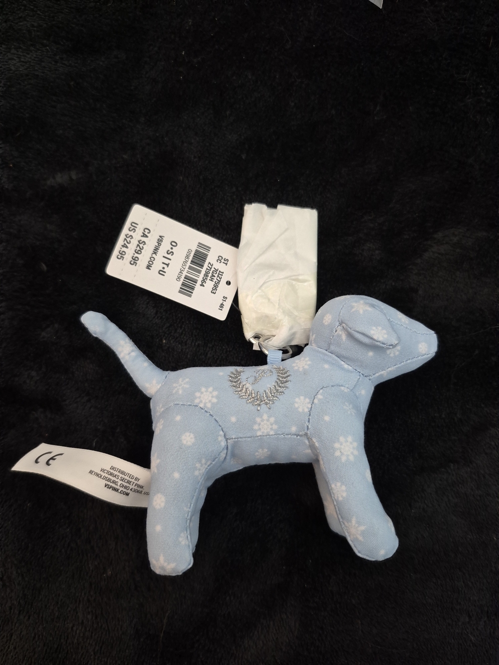 PINK Victoria's Secret Light Blue Snowflake Plush Dog Keychain